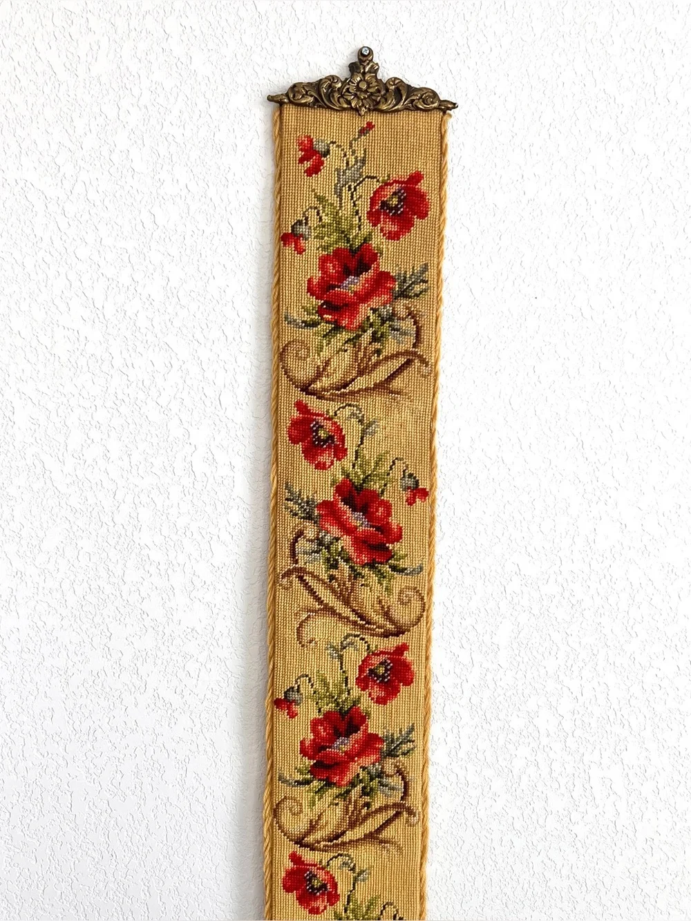 Vintage Floral Needlepoint Bell Pull Wool Velvet  Brass 63”